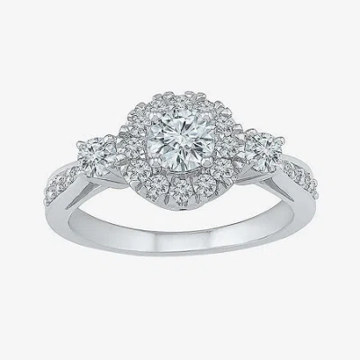 Modern Bride Promise My Love Womens 1 Ct. T.w. Natural White Diamond 10k White Gold Round Side Stone 3-stone Enga In Metallic