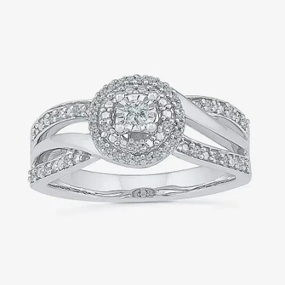 Modern Bride Promise My Love Womens 1/5 Ct. Natural White Diamond Sterling Silver Round Side Stone Halo Promise R