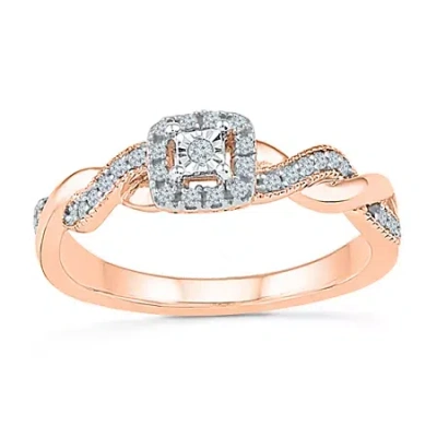 Modern Bride Promise My Love Womens 1/6 Ct. T.w. Natural White Diamond 10k Gold Cushion Side Stone Promise Ring In Pink
