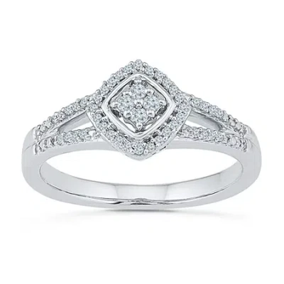 Modern Bride Promise My Love Womens 1/6 Ct. T.w. Natural White Diamond Sterling Silver Cushion Side Stone Halo Pr