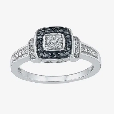 Modern Bride Promise My Love Womens 1/8 Ct. T.w. Natural Black Diamond Sterling Silver Cushion Halo Promise Ring In Transparent