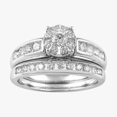 Modern Bride Round 1 Ct.t.w. Natural Diamond Side Stone Bridal Set In 10k Or 14k Gold In White
