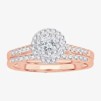 Modern Bride Round 1/2 Ct.t.w. Natural Diamond Side Stone Halo Bridal Set In 10k Or 14k Gold In Pink