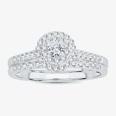 Modern Bride Round 1/2 Ct.t.w. Natural Diamond Side Stone Halo Bridal Set In 10k Or 14k Gold In Metallic