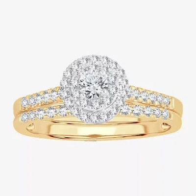 Modern Bride Round 1/2 Ct.t.w. Natural Diamond Side Stone Halo Bridal Set In 10k Or 14k Gold
