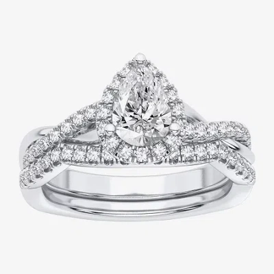 Modern Bride Signature By  1 1/5 Ct. T.w. Lab-grown (h-i / Si1-si2) Diamond Pear Side Stone Halo Brid In Silver