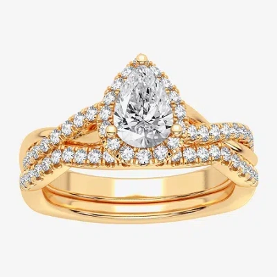 Modern Bride Signature By  1 1/5 Ct. T.w. Lab-grown (h-i / Si1-si2) Diamond Pear Side Stone Halo Brid In Gold