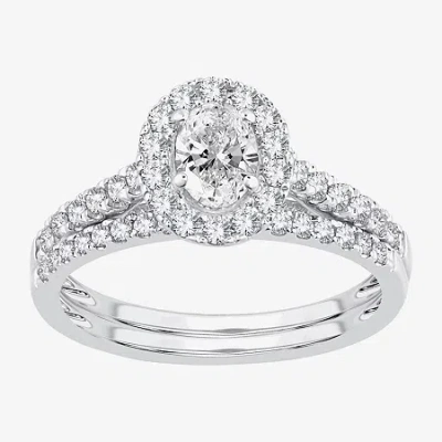 Modern Bride Signature By  1 Ct.t.w. (h-i / Si1-si2) Lab-grown Diamond Oval Halo Bridal Set In 10k Or In Silver