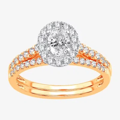 Modern Bride Signature By  1 Ct.t.w. (h-i / Si1-si2) Lab-grown Diamond Oval Halo Bridal Set In 10k Or In White