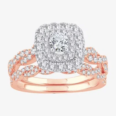 Modern Bride Signature By  1 Ct.t.w. Natural Diamond Cushion Shape Side Stone Halo Bridal Set In 10k  In Gold