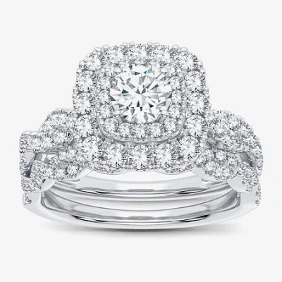 Modern Bride Signature By  1 Ct.t.w. Natural Diamond Cushion Shape Side Stone Halo Bridal Set In 10k  In Silver