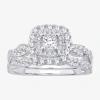 Modern Bride Signature By  1 Ct.t.w. Natural Diamond Cushion Shape Side Stone Halo Bridal Set In 10k  In Metallic
