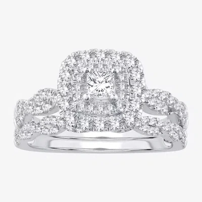 Modern Bride Signature By  1 Ct.t.w. Natural Diamond Cushion Shape Side Stone Halo Bridal Set In 10k  In Metallic