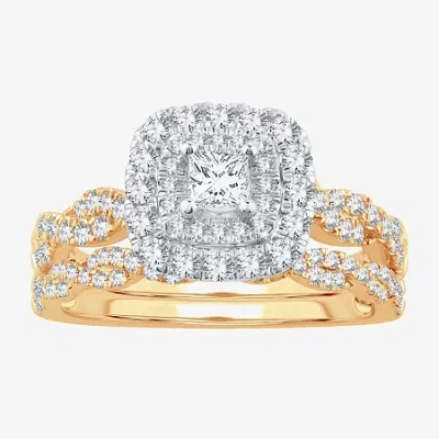 Modern Bride Signature By  1 Ct.t.w. Natural Diamond Cushion Shape Side Stone Halo Bridal Set In 10k  In Gold