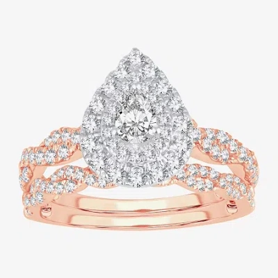 Modern Bride Signature By  1 Ct.t.w. Natural Diamond Pear Shape Side Stone Halo Bridal Set In 10k Or  In Gold