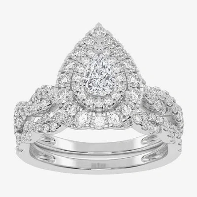 Modern Bride Signature By  1 Ct.t.w. Natural Diamond Pear Shape Side Stone Halo Bridal Set In 10k Or  In Metallic