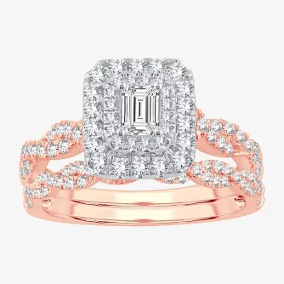 Modern Bride Signature By  1 Ct.t.w. Natural Diamond Side Stone Halo Bridal Set In 10k Or 14k Gold