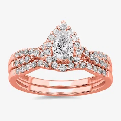 Modern Bride Signature By  7/8 Ct.t.w. Lab-grown (g-h / Si1-si2) Diamond Pear Side Stone Bridal Set I In Pink