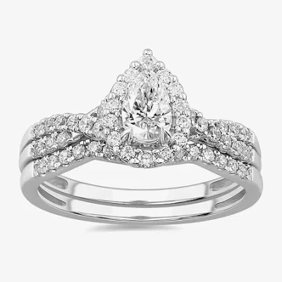Modern Bride Signature By  7/8 Ct.t.w. Lab-grown (g-h / Si1-si2) Diamond Pear Side Stone Bridal Set I In Silver