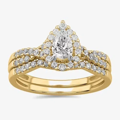 Modern Bride Signature By  7/8 Ct.t.w. Lab-grown (g-h / Si1-si2) Diamond Pear Side Stone Bridal Set I In Yellow