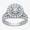 Modern Bride Signature By  Womens 1 3/4 Ct. T.w. Natural White Diamond 14k White Gold Round Halo Brid In Silver