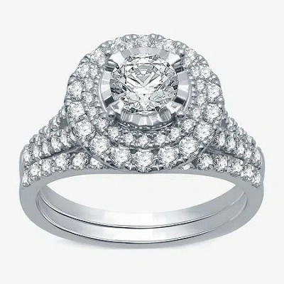 Modern Bride Signature By  Womens 1 3/4 Ct. T.w. Natural White Diamond 14k White Gold Round Halo Brid In Silver