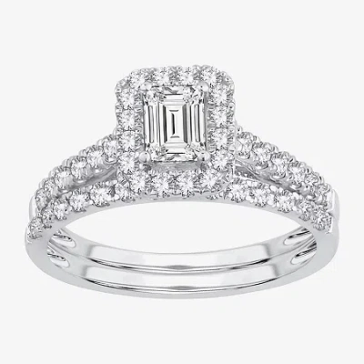 Modern Bride Signature By  Womens 1 Ct. T.w. (h-i / Si1-si2) Lab-grown Diamond Cushion Halo Bridal Se In Silver
