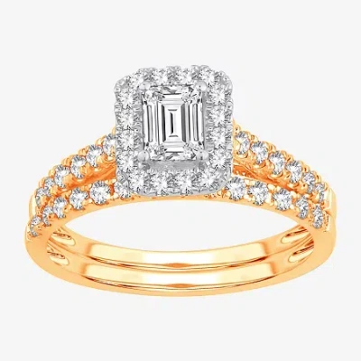 Modern Bride Signature By  Womens 1 Ct. T.w. (h-i / Si1-si2) Lab-grown Diamond Cushion Halo Bridal Se In Yellow