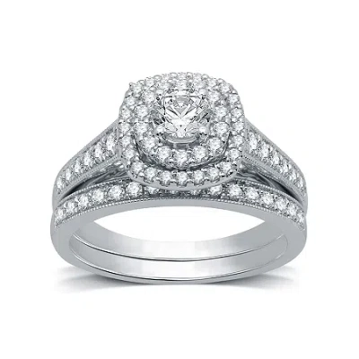Modern Bride Signature By  Womens 1 Ct. T.w. Natural White Diamond 14k White Gold Cushion Bridal Set In Silver
