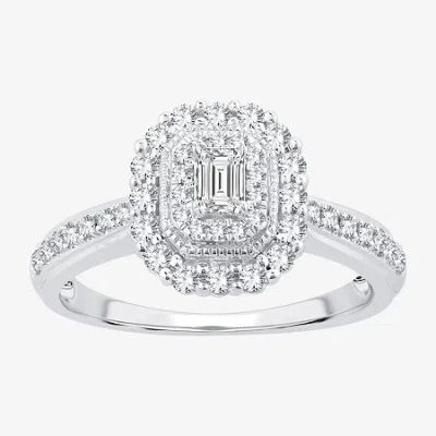 Modern Bride Signature By  Womens 1/2 Ct. T.w. Natural White Diamond 14k White Gold Side Stone Halo E In Metallic