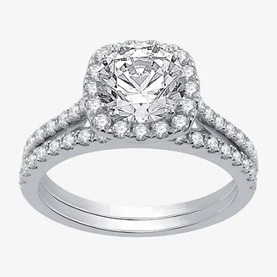 Modern Bride Signature By  Womens 2 1/4 Ct. T.w. Natural Diamond 14k White Gold Cushion Side Stone Ha In Silver