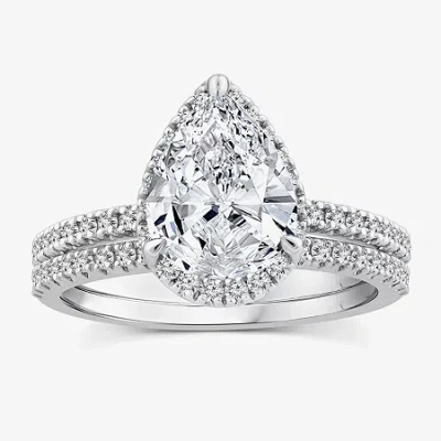 Modern Bride Signature By  Womens 2 Ct. T.w. Lab Grown White Diamond 10k Or 14k Gold Pear Side Stone  In Silver