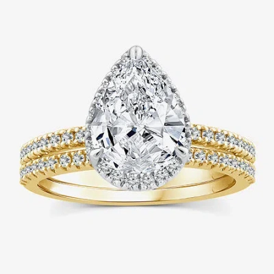 Modern Bride Signature By  Womens 2 Ct. T.w. Lab Grown White Diamond 10k Or 14k Gold Pear Side Stone  In Yellow