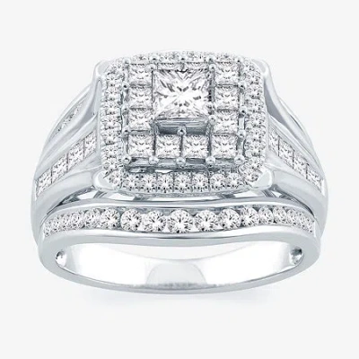 Modern Bride Signature By  Womens 2 Ct. T.w. Natural White Diamond 14k Gold Cushion Bridal Set In Silver