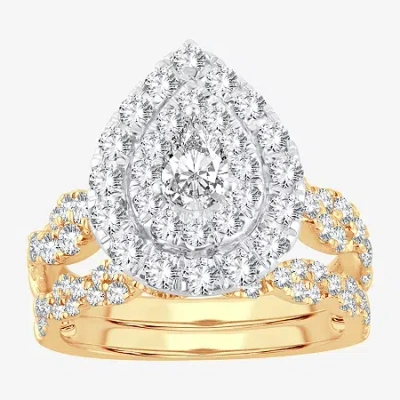 Modern Bride Signature By  Womens 2 Ct.t.w. Natural Diamond 10k Or 14k Gold Pear Side Stone Halo Brid