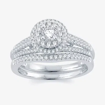 Modern Bride Signature By  Womens 3/4 Ct. T.w. Natural White Diamond 14k Gold Round Halo Bridal Set In Silver