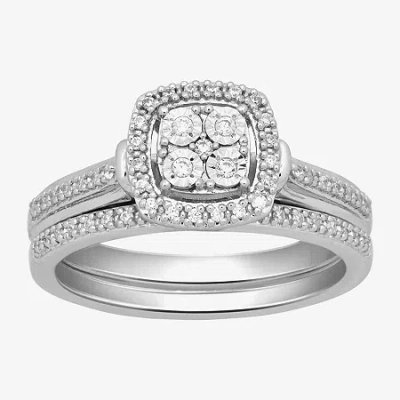 Modern Bride Surrounded By Love Womens 1/5 Ct. Natural White Diamond Sterling Silver Cushion Bridal Set