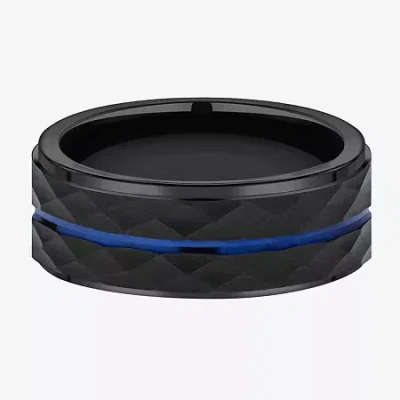 Modern Bride "thin Blue Line" Mens 8mm Cobalt Wedding Band In Transparent