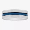 Modern Bride "thin Blue Line" Mens 8mm Stainless Steel Wedding Band In Silver