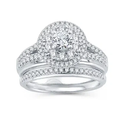 Modern Bride Womens 1 1/10 Ct. T.w. Natural Diamond 10k White Gold Round Bridal Set In Silver