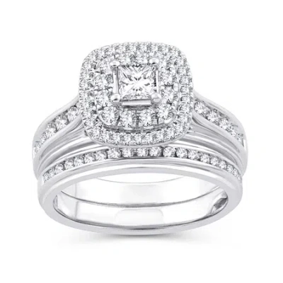 Modern Bride Womens 1 1/10 Ct. T.w. Natural White Diamond 10k Gold Cushion Bridal Set In Silver