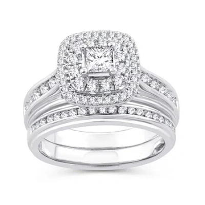 Modern Bride Womens 1 1/10 Ct. T.w. Natural White Diamond 10k Gold Cushion Bridal Set In Silver