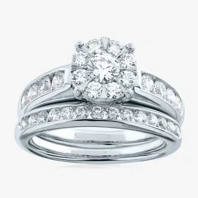 Modern Bride Womens 1 1/2 Ct. T.w. Natural White Diamond 10k White Gold Round Side Stone Halo Bridal Set