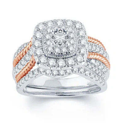 Modern Bride Womens 1 1/2 Ct. T.w. Natural White Diamond 14k Two Tone Gold 14k White Gold Cushion Side Stone Halo In Silver