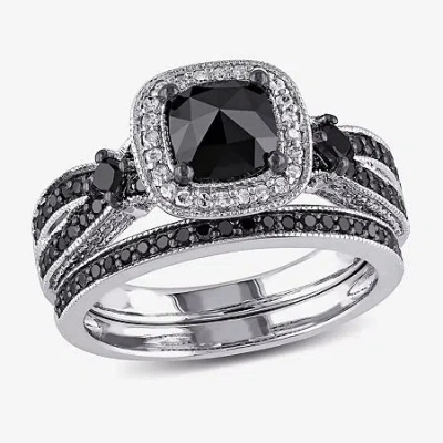Modern Bride Womens 1 1/2 Ct.t.w. Color Enhanced Black & White Diamond Sterling Silver Bridal Set In Transparent