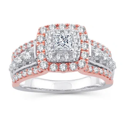 Modern Bride Womens 1 1/3 Ct. T.w. Natural White Diamond 10k Gold 10k Rose Gold Cushion Side Stone Halo Engagemen In Multi