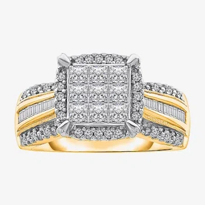 Modern Bride Womens 1 Ct. T.w. Lab Grown White Diamond Side Stone Halo Engagement Ring In Yellow