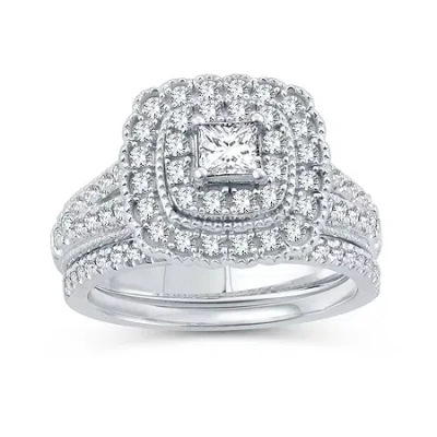 Modern Bride Womens 1 Ct. T.w. Natural Diamond 10k White Gold Cushion Bridal Set