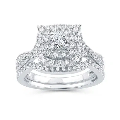 Modern Bride Womens 1 Ct. T.w. Natural Diamond 10k White Gold Cushion Side Stone Halo Bridal Set