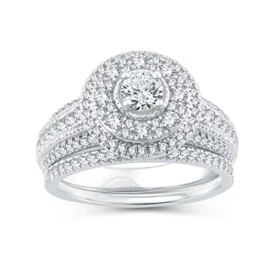 Modern Bride Womens 1 Ct. T.w. Natural Diamond 10k White Gold Round Bridal Set In Silver